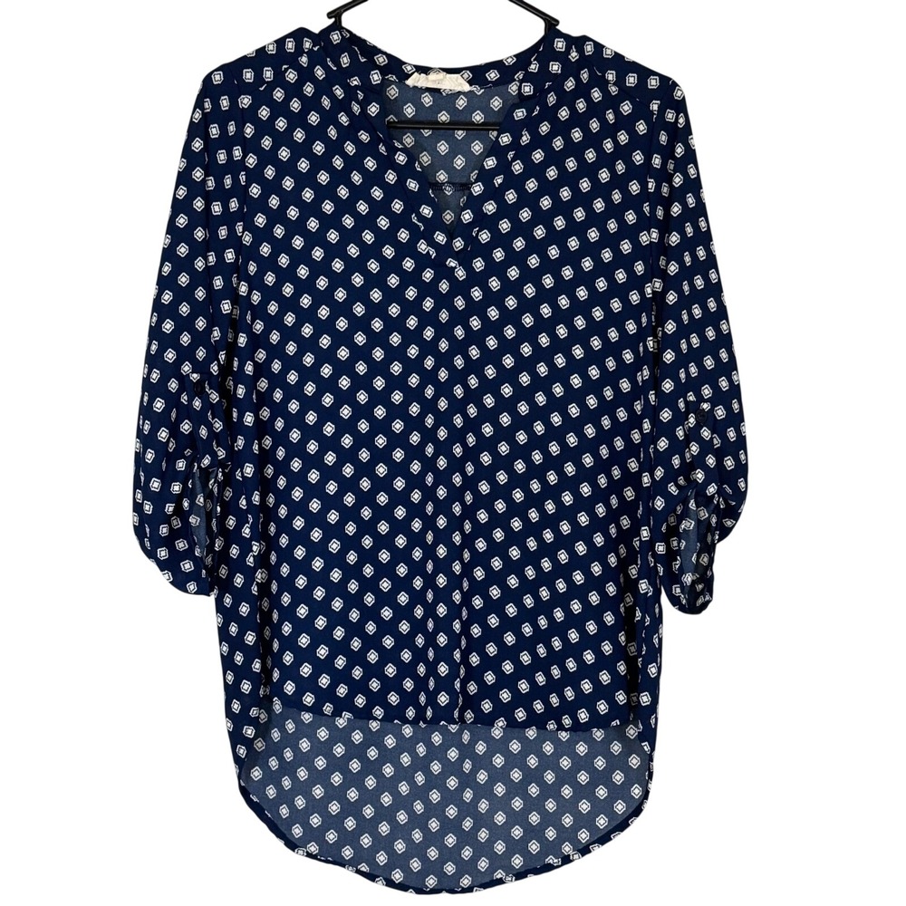 Pink Rose Navy Blue Aztec Geometric Print Hi-Low Boho Roll Tab Blouse Size Small